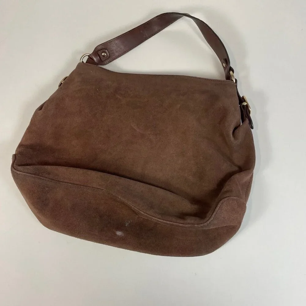Michael Kors Hudson Downtown Suede‎ Hobo Bag Purse Brown Lined Gold Buckle